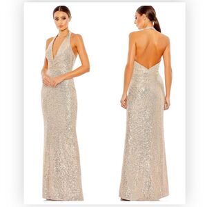 NEW Mac Duggal 11277 Women's Ieena Sequined Halter Strap Plunge Neck Gown